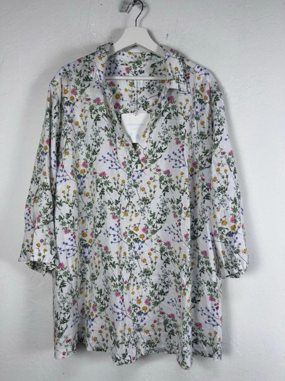 Cynthia Rowley Floral Linen Blend Tunic Top V-Neck 3/4 Sleeve Multicolor 3X New